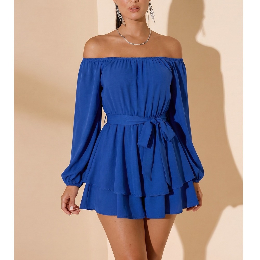 Express Romper Womens Small Blue Off-The-Shoulder Balloon Sleeve Rayon‎